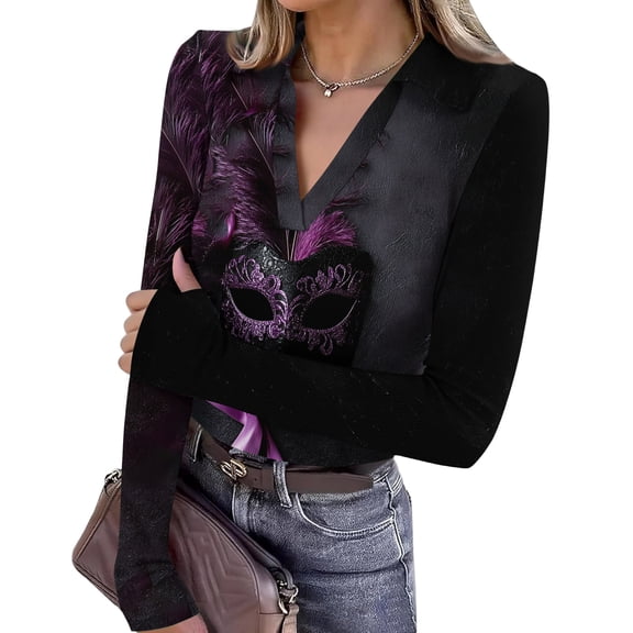 Mardi Gras Shirts Womens Glitter Sparkly V Neck Blouse Mask Print Long Sleeve Holiday Graphic Tee Black 2XL