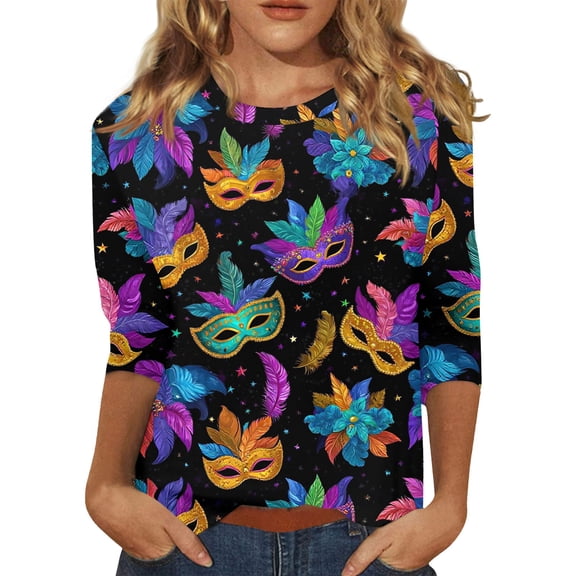 Mardi Gras Shirts Womens Mask Print 3/4 Sleeve Party Blouse Crew Neck Glitter Green T Shirts Black XL