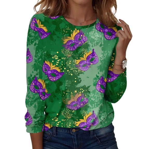 Mardi Gras Shirts Womens Mask Print Crew Neck Novelty Tops Long 3/4 Sleeve Feathers Print Green T Shirts Green 4XL