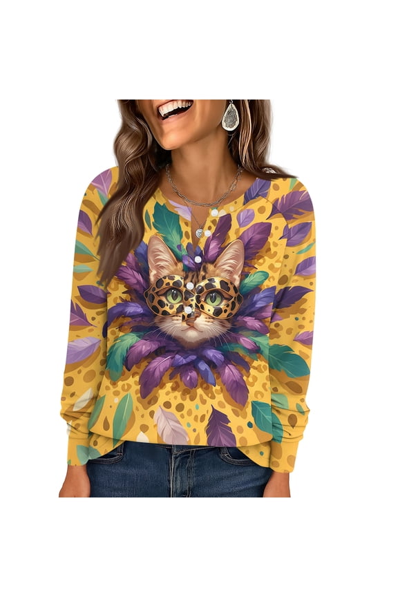 Mardi Gras Shirts Womens Mask Print Feathers Print Crew Neck Tops Sequins Long Sleeve Holiday Tunic Tops Yellow 3XL