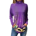 thumbnail image 1 of Mardi Gras Shirts Womens Mask Print Feathers Print Mock Neck Blouse Sequins Long Sleeve Holiday T Shirts Light Purple L, 1 of 6