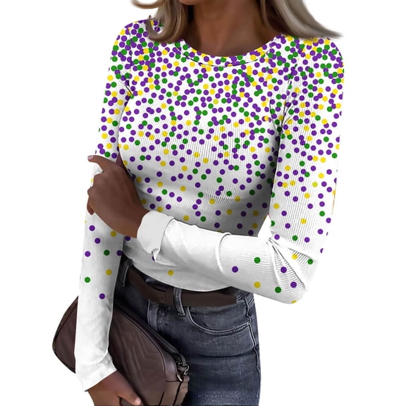 Mardi Gras Shirts Womens Mask Print Glitter Crew Neck Blouse Carnival Long Sleeve Holiday Graphic Tee White 2XL
