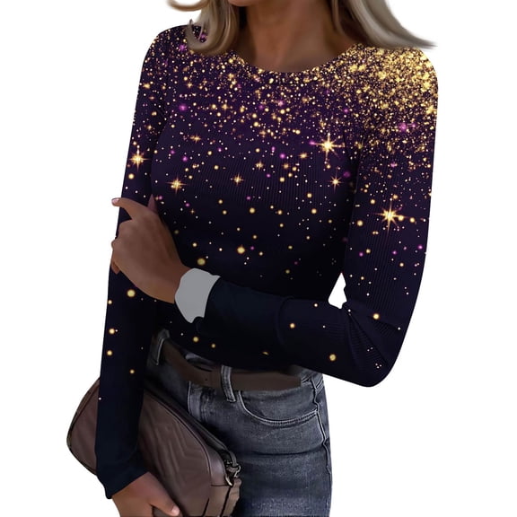 Mardi Gras Shirts Womens Mask Print Glitter Long Sleeve Blouse Sequins Crew Neck Holiday Tunic Tops Dark Purple L