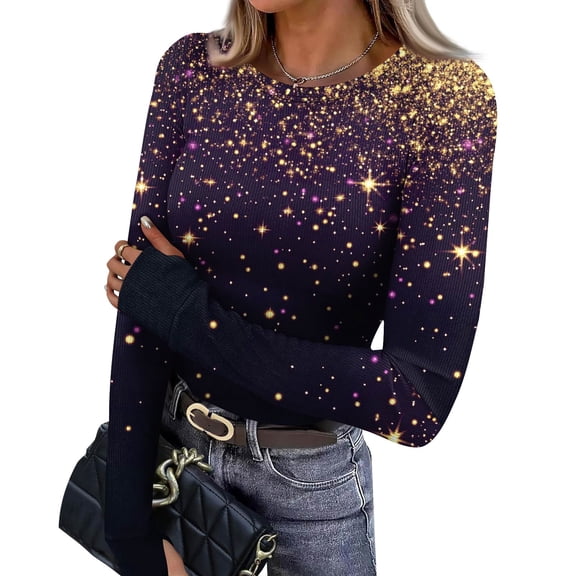 Mardi Gras Shirts Womens Mask Print Glitter Long Sleeve Graphic Tee Feathers Print Crew Neck Gold Blouse Dark Purple S