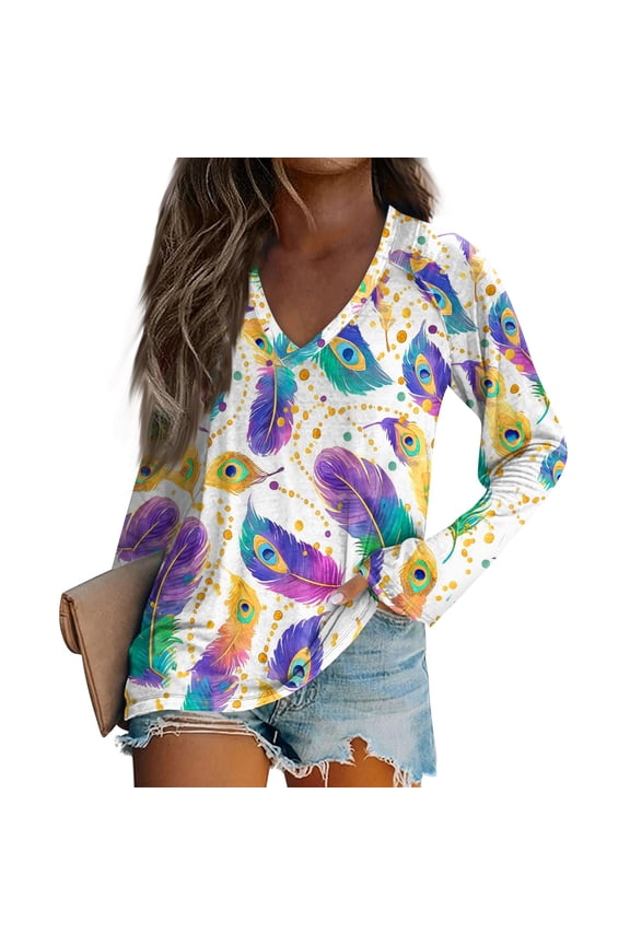 Mardi Gras Shirts Womens Mask Print Glitter V Neck T Shirts Feathers Print Long Sleeve Purple Graphic Tee Multicolor L