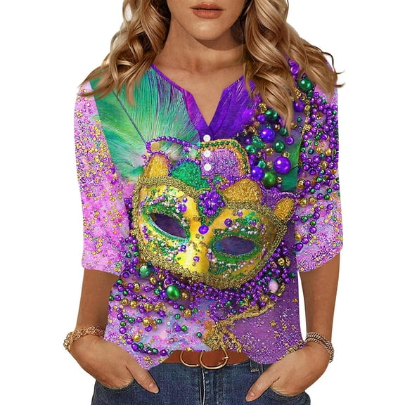Mardi Gras Shirts Womens Mask Print Glitter V Neck Tunic Tops Sparkly 3/4 Sleeve Holiday Graphic Tee Purple XL