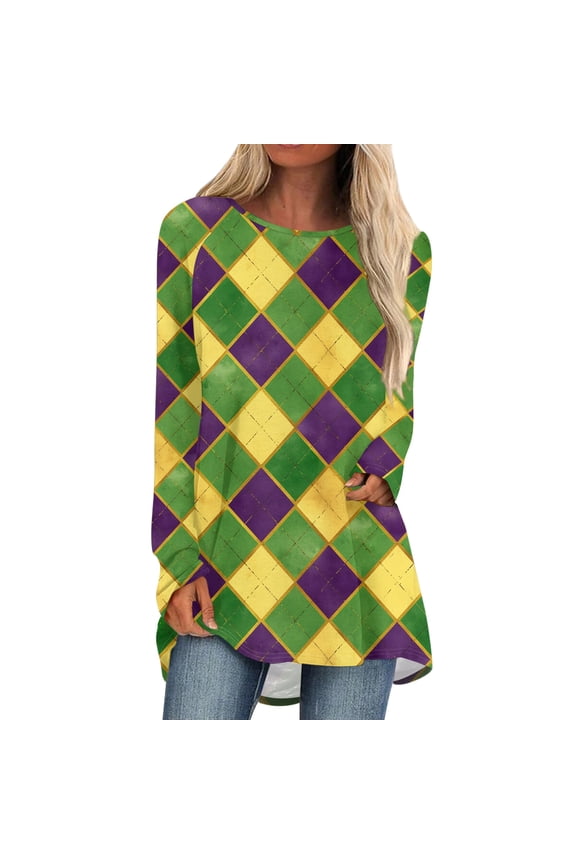 Mardi Gras Shirts Womens Mask Print Sequins Long Sleeve Tops Feathers Print Crew Neck Novelty Blouse Yellow L