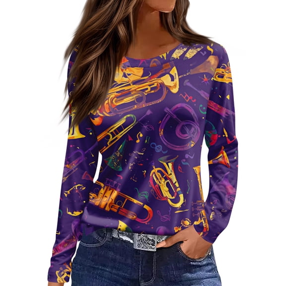 Mardi Gras Shirts Womens Mask Print Sequins Long Sleeve Tunic Tops Glitter Crew Neck Party Blouse Purple 2XL