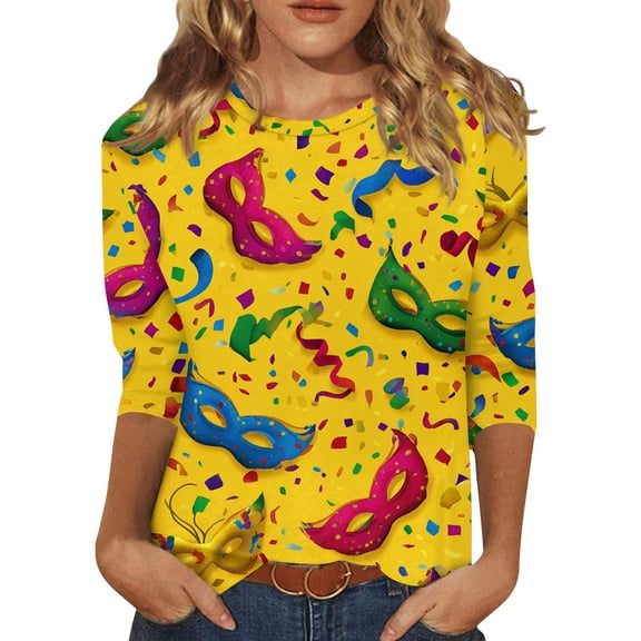 Mardi Gras Shirts Womens Sequins 3/4 Sleeve Party Tops Crew Neck Mask Print Purple Graphic Tee Orange XL