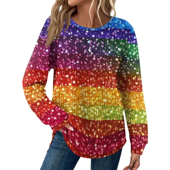 Mardi Gras Shirts Womens Sequins Carnival Long Sleeve Blouse Feathers Print Crew Neck Holiday Tunic Tops Multicolor M