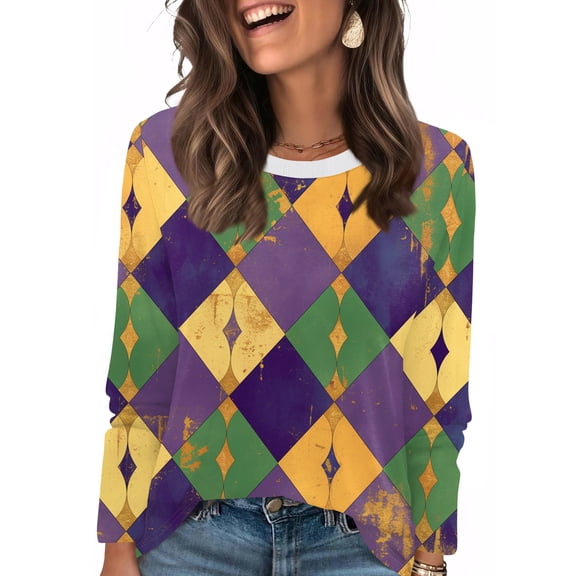 Mardi Gras Shirts Womens Sequins Feathers Print Crew Neck Graphic Tee Carnival Long Sleeve Green Tunic Tops Green 2XL