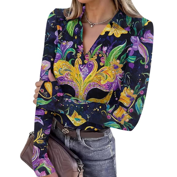 Mardi Gras Shirts Womens Sequins Feathers Print Long Sleeve Tops Glitter V Neck Holiday T Shirts Yellow S
