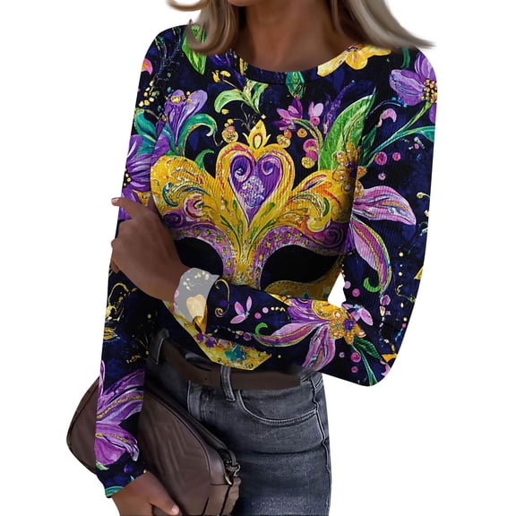 Mardi Gras Shirts Womens Sequins Glitter Crew Neck T Shirts Carnival Long Sleeve Purple Tops Gold 2XL