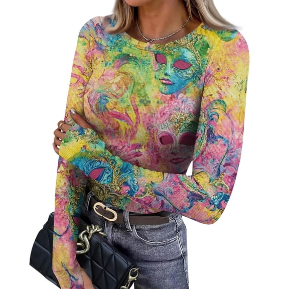 Mardi Gras Shirts Womens Sequins Glitter Long Sleeve Tops Sparkly Crew Neck Green Graphic Tee Pink S