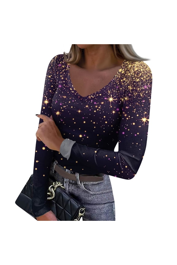 Mardi Gras Shirts Womens Sequins Mask Print V Neck Blouse Feathers Print Long Sleeve Novelty Tunic Tops Dark Purple XL