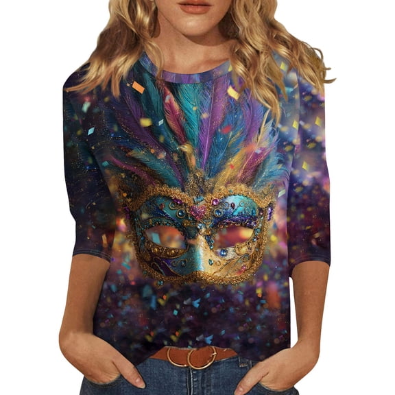 Mardi Gras Shirts Womens Sparkly 3/4 Sleeve Holiday Tops Crew Neck Mask Print Purple Blouse Gold M