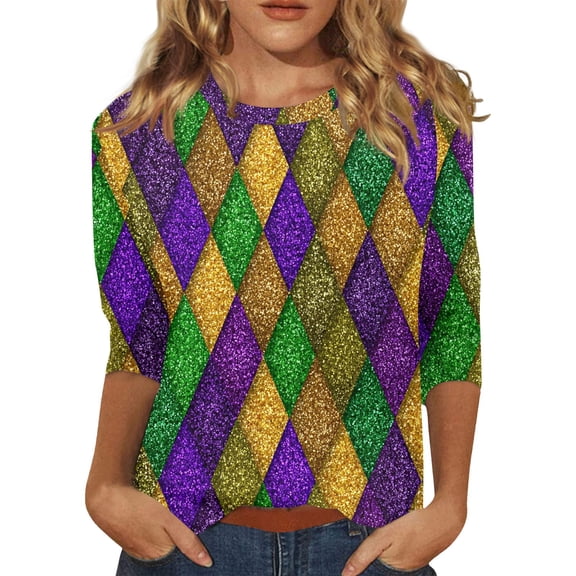 Mardi Gras Shirts Womens Sparkly Crew Neck Party Blouse 3/4 Sleeve Sequins Green Tops Dark Purple 3XL