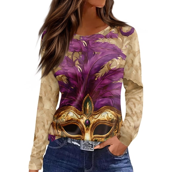 Mardi Gras Shirts Womens Sparkly Feathers Print Crew Neck Tops Carnival Long Sleeve Holiday T Shirts Khaki XL