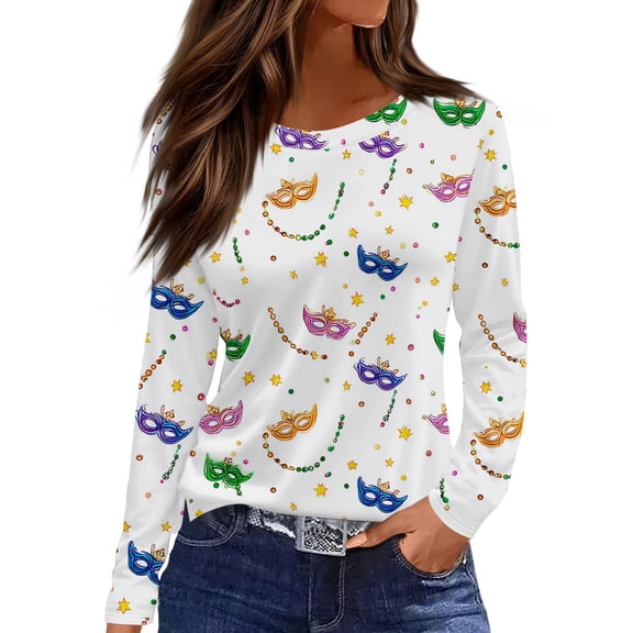Mardi Gras Shirts Womens Sparkly Feathers Print Long Sleeve Blouse Mask Print Crew Neck Party Tops White S