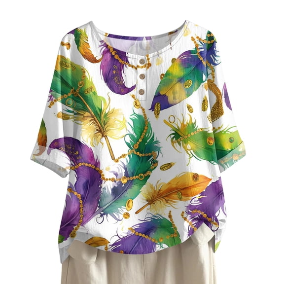 Mardi Gras Shirts Womens Sparkly Feathers Print Short Sleeve Graphic Tee Glitter Crew Neck Gold Blouse White XL