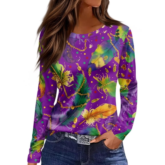 Mardi Gras Shirts Womens Sparkly Glitter Long Sleeve Tops Carnival Crew Neck Purple Graphic Tee Dark Purple 3XL