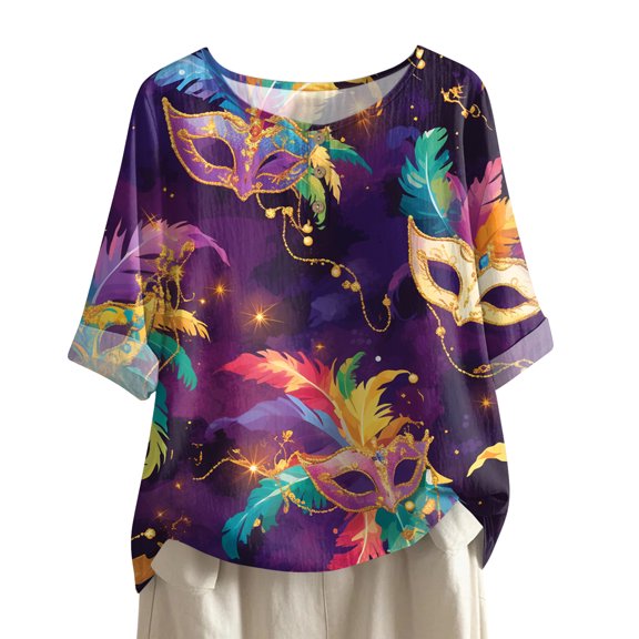 Mardi Gras Shirts Womens Sparkly Glitter Short Sleeve Graphic Tee Feathers Print Crew Neck Purple Tunic Tops Blue L