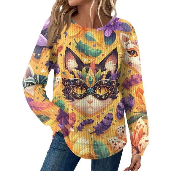 Mardi Gras Shirts Womens Sparkly Sequins Crew Neck Tops Mask Print Long Sleeve Holiday T Shirts Multicolor XL