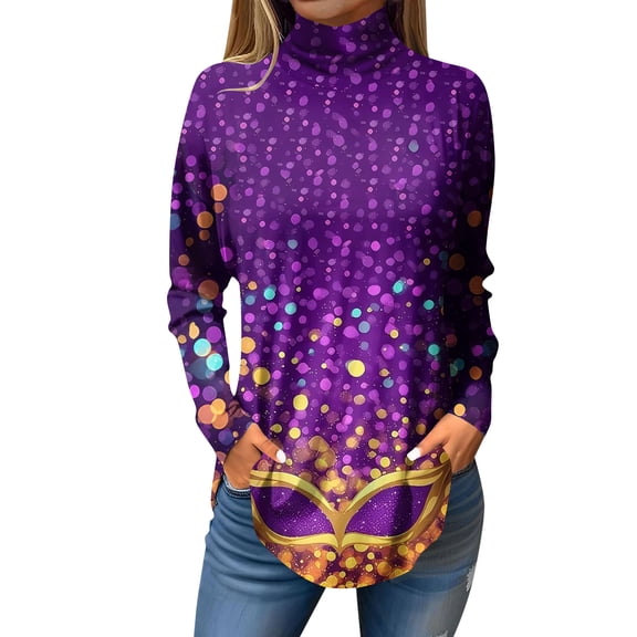 Mardi Gras Shirts Womens Sparkly Sequins Mock Neck T Shirts Mask Print Long Sleeve Green Graphic Tee Purple 2XL
