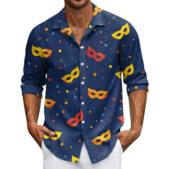 Mardi Gras Shirts for Men Mask Graphic Button Down Long Sleeve Shirts Causal Carnival Gift Top Shirts