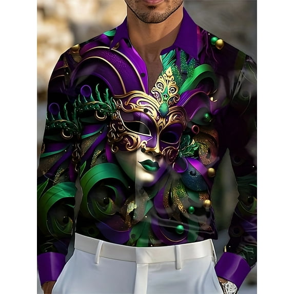 Mardi Gras Shirts for Men Sequin Carnival Outfits Tuesday Shirts New Orleans Festival Long Sleeve Tops Multicolor 3XL