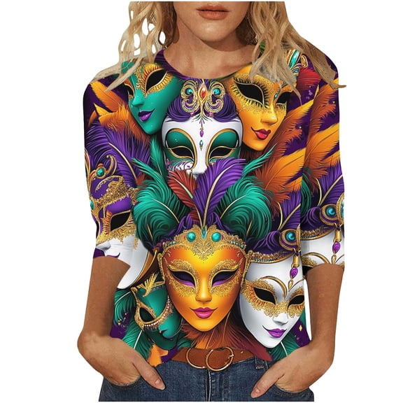 Mardi Gras Shirts for Women 3/4 Length Sleeve Sequin Print Tunic Tops Holiday Party Loose Crewneck Fit Basic T-Shirts