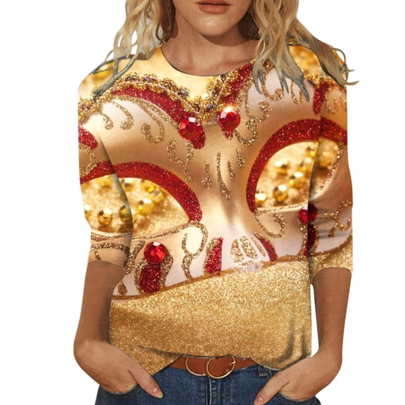Mardi Gras Shirts for Women 3/4 Sleeve 3D Carnival Mask Graphic Crew Neck Tunic Tops 2026 Fashion Casual Outfits Pullover Blouses