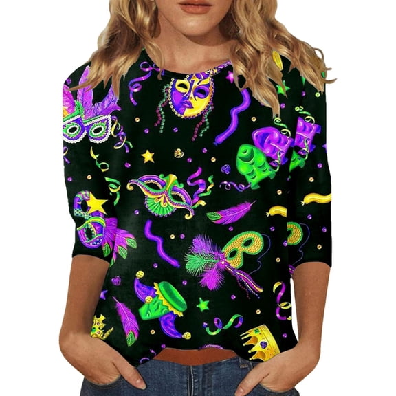 Mardi Gras Shirts for Women 3/4 Sleeve 3D Carnival Mask Graphic Crew Neck Tunic Tops 2026 Fashion Casual Outfits Pullover Blouses
