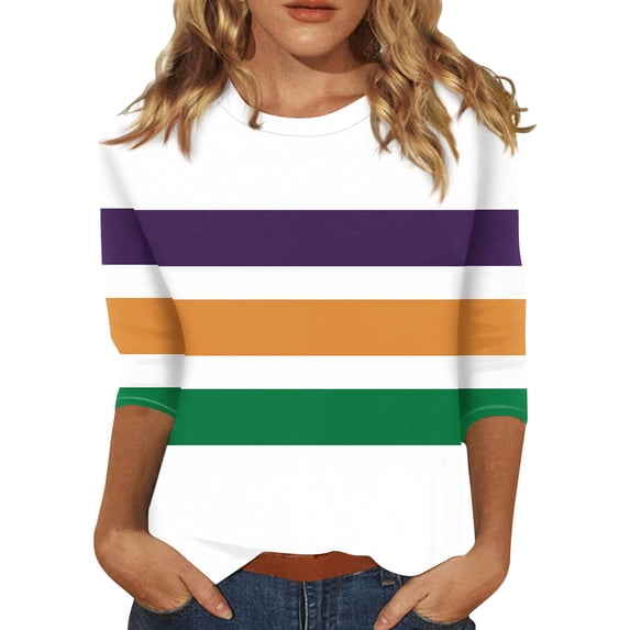 Mardi Gras Shirts for Women 3/4 Sleeve Carnival Graphic Top, Crew Neck Casual Tee, Soft Loose Fit Parade Outfit for Festival Party
