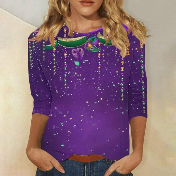 Mardi Gras Shirts for Women 3/4 Sleeve Carnival Printed Casual Round Neck T-shirt,Womens Mardi Gras Tops