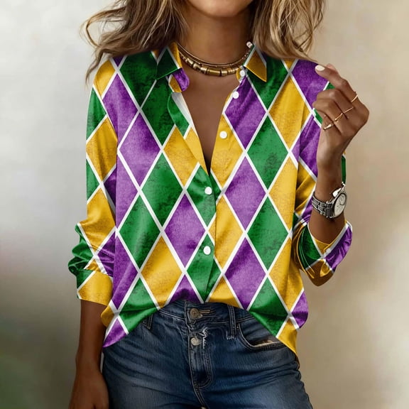 Mardi Gras Shirts for Women Buttons Color Block Striped Mardi Gras Outfits Ladies' Carnival Costume Clothes(Green,S)