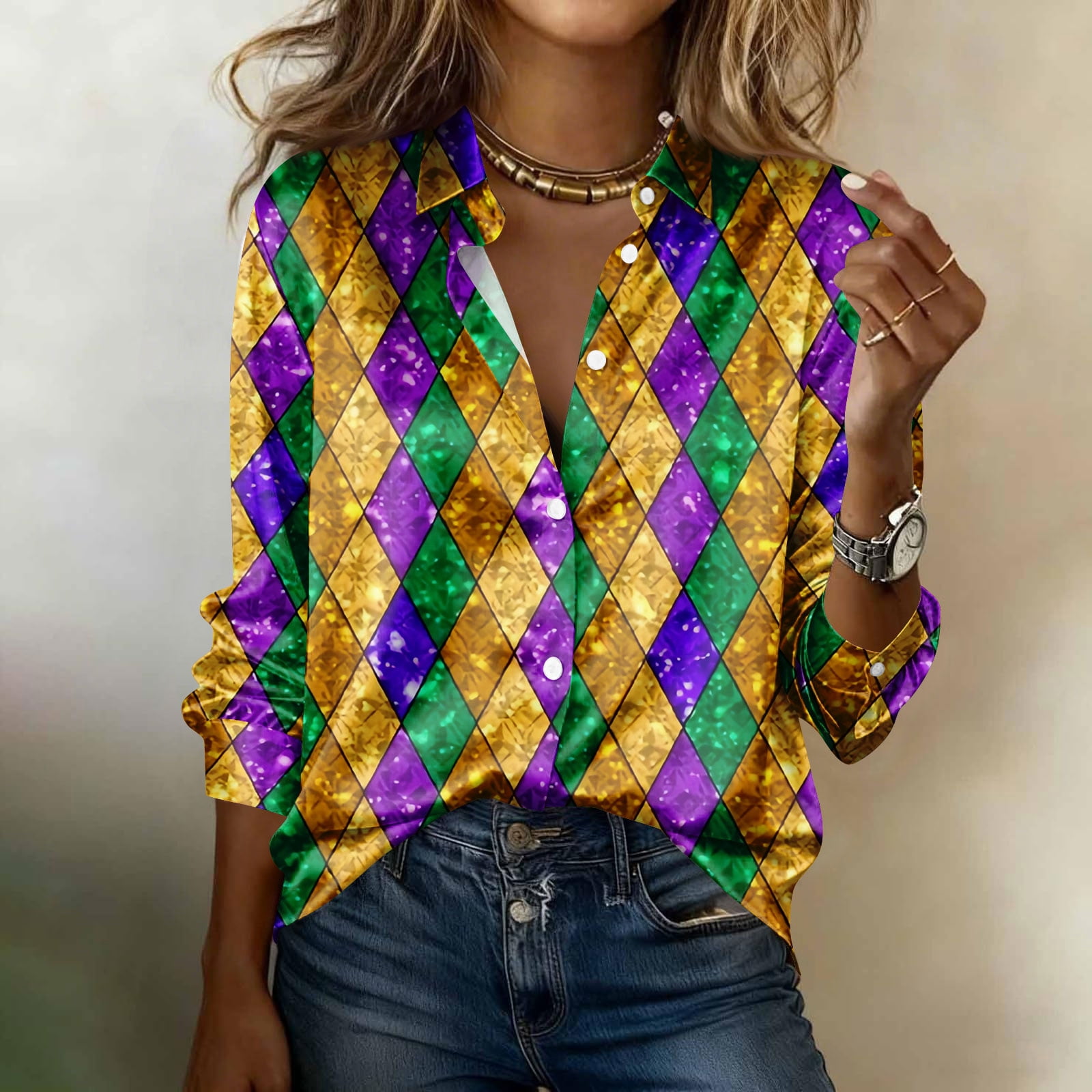 Gold Items For Women 2026.Mardi Gras Shirts for Women Buttons Color Block Striped Mardi Gras ...