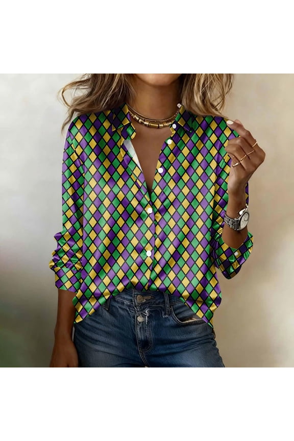 Mardi Gras Shirts for Women Buttons Color Block Striped Mardi Gras Outfits Long Sleeve Ladies' Carnival Costume Clothes 2026(Purple Pink,S)