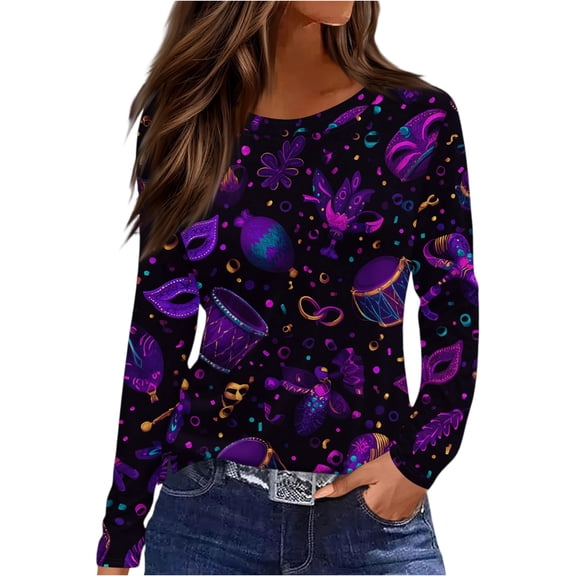 Mardi Gras Shirts for Women Carnival Feathers Print Long Sleeve Blouse Mask Print Crew Neck Holiday Graphic Tee Dark Purple S