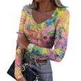 thumbnail image 1 of Mardi Gras Shirts for Women Carnival Feathers Print V Neck Tunic Tops Sparkly Long Sleeve Party Blouse Pink M, 1 of 7