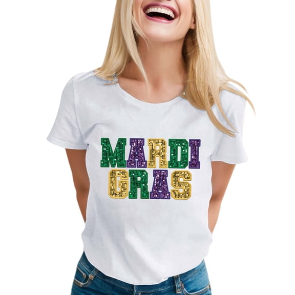 Mardi Gras Shirts for Women Carnival Funny Letter Print Short Sleeve Crewneck Tees Dressy Casual Stretch Comfy Pullover Tunic Tops