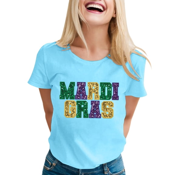 Mardi Gras Shirts for Women Carnival Funny Letter Print Short Sleeve Crewneck Tees Dressy Casual Stretch Comfy Pullover Tunic Tops