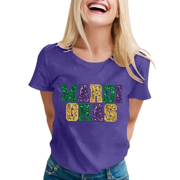 Mardi Gras Shirts for Women Carnival Funny Letter Print Short Sleeve Crewneck Tees Dressy Casual Stretch Comfy Pullover Tunic Tops