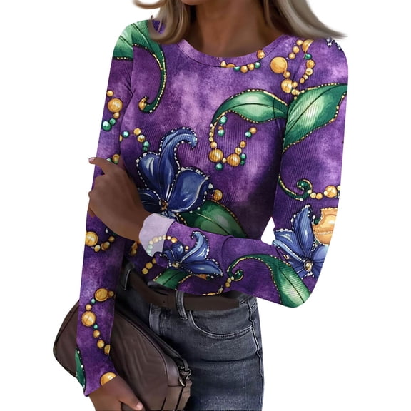 Mardi Gras Shirts for Women Carnival Mask Print Long Sleeve Tops Sequins Crew Neck Novelty Tunic Tops Purple M