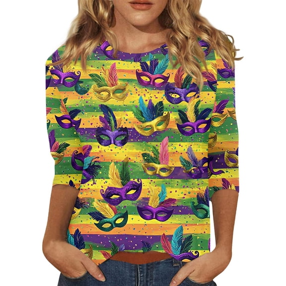 Mardi Gras Shirts for Women Carnival Mask Printed 3/4 Length Sleeve Womens Tops Casual Crew Neck Pullover Holiday Party Tunic Tee Tops