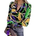 thumbnail image 1 of Mardi Gras Shirts for Women Carnival Sequins V Neck Tops Feathers Print Long Sleeve Holiday Blouse Light Green XL, 1 of 7