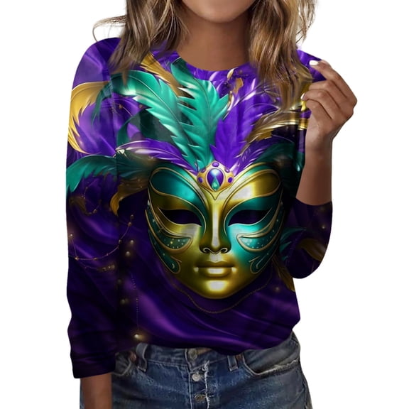 Mardi Gras Shirts for Women Casual Long Sleeve T-Shirts Funny Carnival Mask Graphic Tunic Tops Holiday Round Neck Pullover Loose Blouses Yellow XL