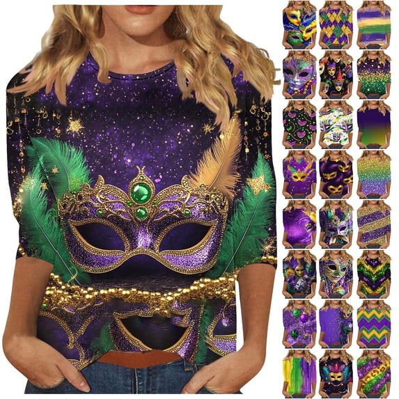 Mardi Gras Shirts for Women Color Block Graphic Tees Casual Loose Fit 3/4 Sleeve Crewneck Carnival Tops Purple Tops,Size S-5XL