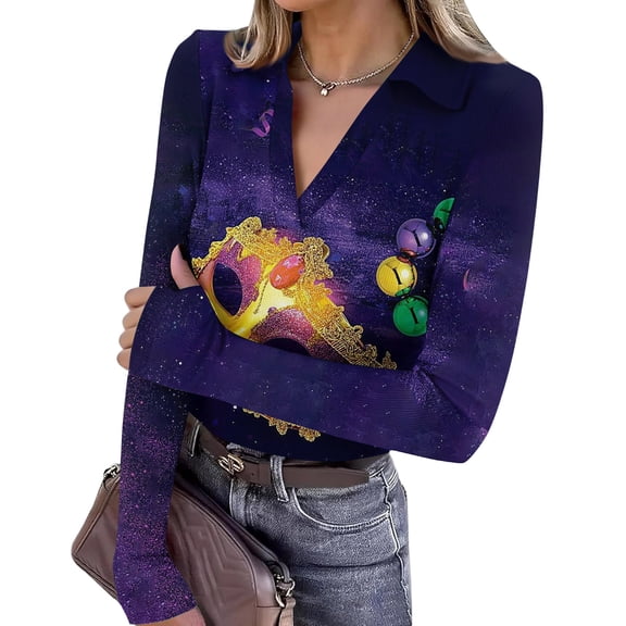 Mardi Gras Shirts for Women Feathers Print Carnival Long Sleeve Graphic Tee Sparkly V Neck Novelty Tunic Tops Dark Purple L
