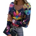 thumbnail image 1 of Mardi Gras Shirts for Women Feathers Print Carnival V Neck Blouse Mask Print Long Sleeve Green Graphic Tee Blue M, 1 of 7